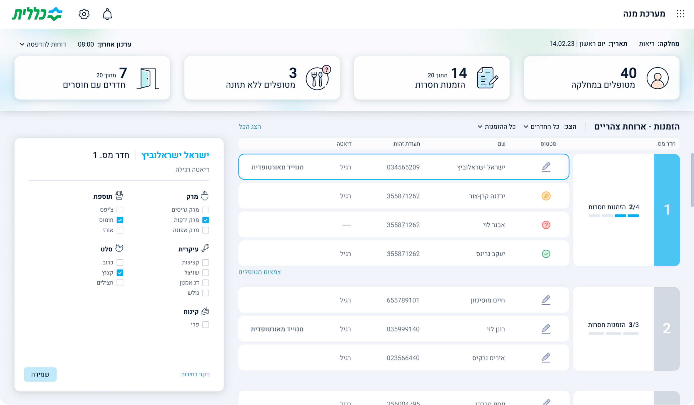 Meal selection form screen